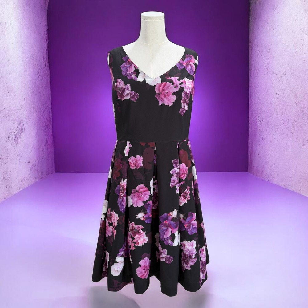 City Chic Black Floral Fit-and-Flare Dress with Pink & Purple Blooms